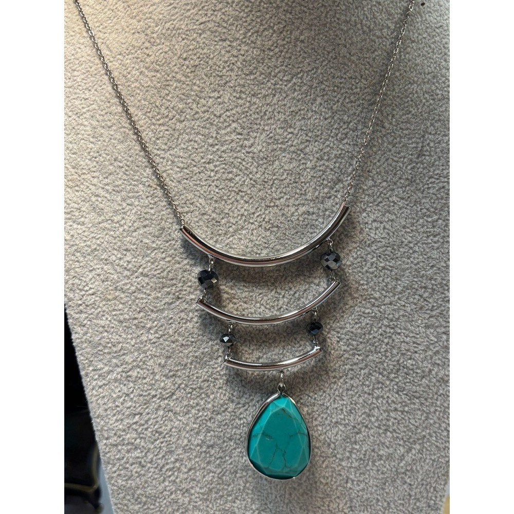 #49. Silver-tone Curved Metal Bar Turquoise Stone